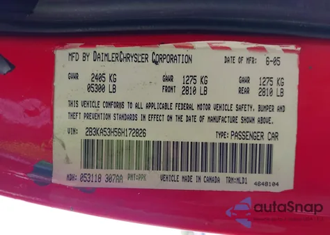 2006 Dodge Charger Rt из США, поврежденный, VIN 2B3KA53H56H172826